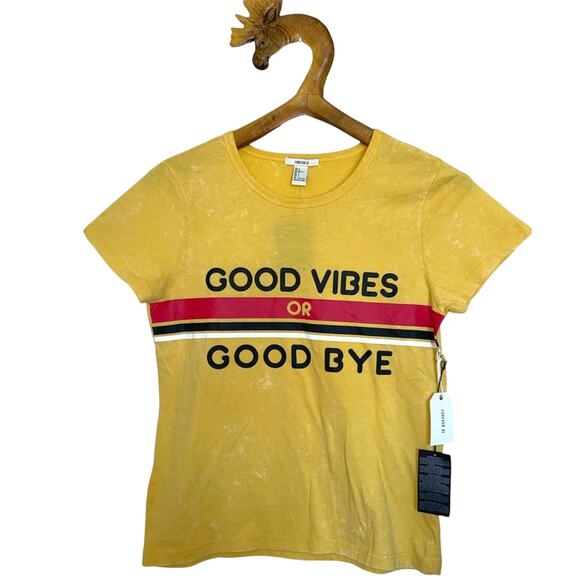 Forever 21 Yellow Good Vibes or Good Bye Graphic Special Wash T-shirt L - Picture 1 of 10